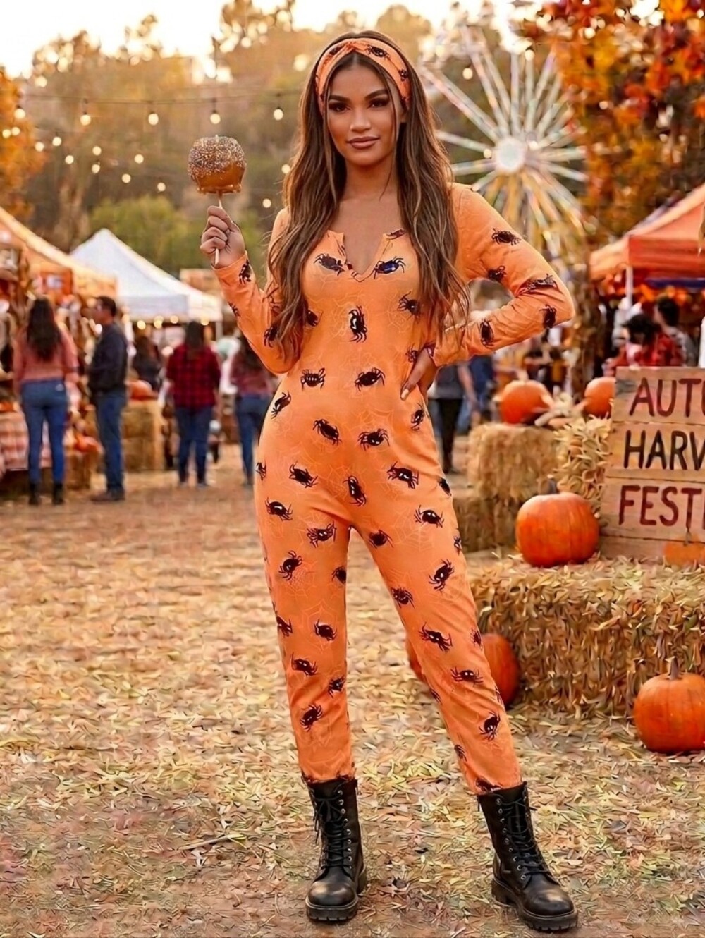 Halloween Womans Bodysuit With Headband Skeleton, Bats, Skulls, Or Pumpkins - Picture 4 of 6